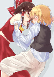 Rule 34 | 2girls, apron, ascot, blonde hair, bloomers, blush, bow, braid, brown hair, clothes pull, commentary request, detached sleeves, closed eyes, hair bow, hair tubes, hakurei reimu, highres, japanese clothes, looking at another, lying, medium hair, midriff, miko, mukkushi, multiple girls, on side, orange eyes, simple background, smile, tears, touhou, underwear, wet, wet clothes, yuri