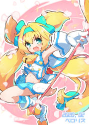Rule 34 | 1girl, bell, blazblue, blonde hair, blue eyes, blue hairband, blue ribbon, blue skirt, blush, boots, dated, gloves, hair between eyes, hair intakes, hair ribbon, hairband, heart, heart-shaped pupils, highres, holding, holding staff, jingle bell, long hair, low-tied long hair, magical girl, miniskirt, open mouth, perorisu, platinum the trinity, pleated skirt, ribbon, skirt, solo, staff, symbol-shaped pupils, two side up, very long hair, white footwear, white gloves