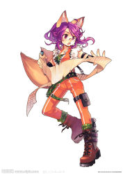 Rule 34 | 10s, 1girl, animal ears, belt, boots, female focus, fox (trickster), fox ears, fox tail, full body, glasses, holster, jacket, knife, looking at viewer, multiple tails, open clothes, open jacket, open mouth, pants, purple eyes, purple hair, scroll, sheath, sheathed, simple background, solo, standing, tail, thigh holster, trickster (ntreev soft), watermark, web address, white background