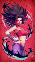 Rule 34 | 1girl, absurdres, bare shoulders, black eyes, black hair, breasts, caulifla, closed mouth, collarbone, curvy, dragon ball, dragon ball super, hands on own hips, highres, kanchiyo, looking at viewer, medium breasts, midriff, navel, pants, purple pants, short hair, signature, smile, solo, spiked hair
