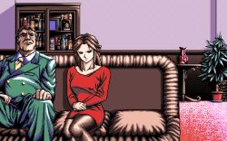 Rule 34 | 1990s (style), 1boy, 1girl, brown hair, business suit, character request, collared shirt, couch, dithering, dress, facing viewer, fat, fat man, feet out of frame, flower pot, formal, game cg, indoors, interheart, legs together, looking at viewer, lowres, necktie, on couch, pc98, pixel art, plant, potted plant, red dress, reijou monogatari, retro artstyle, shirt, short dress, sitting, suit, tagme, white shirt, yellow neckwear