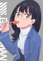 Rule 34 | 1girl, :o, bespectacled, black hair, black legwear, blue eyes, blue jacket, candy, casual, chupa chups, commentary request, copyright name, food, glasses, grey background, gridman universe, hand up, holding, holding food, jacket, lollipop, long hair, long sleeves, looking at viewer, open mouth, saitou kengo, simple background, solo, ssss.gridman, sweater, takarada rikka, upper body, white sweater, yellow-framed eyewear