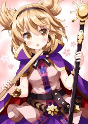 Rule 34 | 1girl, beige blouse, belt, black sailor collar, blonde hair, bracelet, breasts, cape, flower, hair between eyes, headphones, highres, holding, jewelry, looking at viewer, looking to the side, medium breasts, open mouth, pink background, pink flower, pointy hair, purple cape, ritual baton, ruu (tksymkw), sailor collar, short hair, solo, touhou, toyosatomimi no miko, yellow eyes