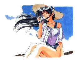 Rule 34 | 1990s (style), 1girl, black hair, braid, braided sidelock, casual one-piece swimsuit, closed eyes, day, floating hair, hair ribbon, hat, holding, kai tomohisa, long hair, off shoulder, official art, one-piece swimsuit, outdoors, retro artstyle, ribbon, seashell, sentimental graffiti, shell, shell to ear, sitting, smile, solo, straw hat, sugihara manami, sun hat, swimsuit, swimsuit under clothes, wind