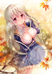 Rule 34 | 1girl, :o, arm under breasts, autumn leaves, bikini, bikini top only, bikini under clothes, blouse, blue dress, blush, braid, breast hold, breasts, cleavage, collared shirt, commentary request, dress, fingernails, front-tie bikini top, front-tie top, hair between eyes, hand up, heavy breathing, highres, large breasts, leaf, light brown hair, long hair, long sleeves, looking at viewer, maple leaf, neck ribbon, original, parted lips, pink ribbon, pleated dress, red eyes, ribbon, shirt, side braid, single braid, sleeves past wrists, solo, sousouman, standing, sweat, swimsuit, very long hair, white bikini, white shirt