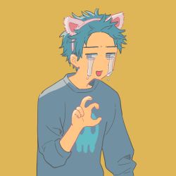 Rule 34 | 1boy, animal ears, blue eyes, blue sweater, cat ears, claw pose, commentary request, crying, crying with eyes open, fake animal ears, green hair, highres, long sleeves, male focus, muji (uimss), open mouth, original, short hair, simple background, solo, sweater, tears, upper body, very short hair, yellow background