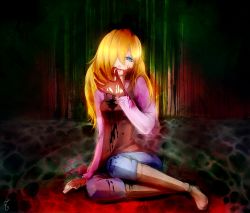 Rule 34 | 1girl, artist name, bad end, bad id, bad pixiv id, blonde hair, blood, blood on clothes, blood on face, blood on hands, blue eyes, boots, creepy, dark persona, denim, hair over one eye, jeans, k59f9, long hair, looking at viewer, mermaid swamp, ningyo numa, one eye covered, pants, shorts, sidelocks, sitting, solo, spoilers, tanoshi, yamazaki rin