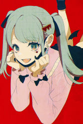 Rule 34 | 1girl, aqua eyes, aqua hair, black bow, black mask, black nails, black skirt, bow, commentary, ear piercing, earrings, facial mark, fang, hair ornament, halftone, hands on own chin, hatsune miku, head rest, heart, heart hair ornament, highres, jewelry, jirai kei, legs up, long hair, long sleeves, looking at viewer, mask, mask pull, mouth mask, nail polish, on ground, open mouth, piercing, pink shirt, red background, ring, shirt, simple background, skirt, smile, stud earrings, swept bangs, taisa piyo, twintails, vampire (vocaloid), vocaloid