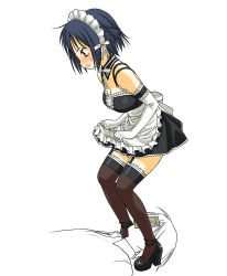 Rule 34 | 00s, 1boy, 1girl, a1 (initial-g), apron, arm garter, banknote, bare shoulders, black footwear, black thighhighs, blue eyes, blue hair, blush, breasts, brown thighhighs, cleavage, clenched teeth, clothes lift, collared shirt, detached collar, dress, dress lift, elbow gloves, full body, garter straps, gloves, high heels, kore ga watashi no goshujin-sama, lifted by self, looking at another, maid, maid apron, maid headdress, medium breasts, money, nakabayashi yoshitaka, nakabayashi yoshitaka&#039;s maid uniform, no bra, sawatari izumi, self exposure, shirt, short hair, simple background, standing, sweatdrop, teeth, thighhighs, waist apron, white background, wing collar