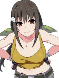 Rule 34 | 1girl, backpack, bag, belt, black gloves, breasts, cleavage, collarbone, commentary request, fingerless gloves, gloves, green ribbon, hachikuji mayoi, hair ribbon, kabukimonogatari, kuro mushi, large breasts, leaning forward, looking at viewer, low ponytail, midriff, monogatari (series), aged up, ribbon, simple background, solo, tank top, thick eyebrows, upper body, white background