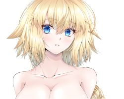Rule 34 | 1girl, blonde hair, blue eyes, blush, breasts, collarbone, commentary request, fate (series), hair between eyes, ilsa34660285, jeanne d&#039;arc (fate), large breasts, long hair, looking at viewer, nude, out-of-frame censoring, parted lips, partial commentary, portrait, simple background, solo, white background