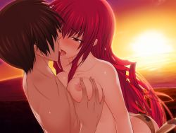 Rule 34 | 1boy, 1girl, beach, blush, breasts, game cg, grabbing another&#039;s breast, groping, hetero, long hair, maji de watashi ni koi shinasai!, margit eberbach, naoe yamato, nipples, outdoors, red eyes, red hair, sky, sunset, tongue, topfreedom, topless