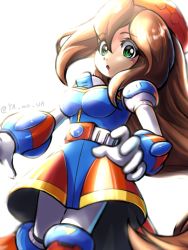 Rule 34 | 1girl, android, beret, blush, breasts, brown hair, dress, gloves, green eyes, hair between eyes, hat, iris (mega man), long hair, low-tied long hair, medium breasts, mega man (series), mega man x4, mega man x (series), open mouth, ponytail, simple background, solo, twitter username, very long hair, white background, white gloves, ya no va