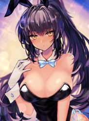 Rule 34 | 1girl, animal ears, bare shoulders, black hair, blue archive, blurry, blush, bokeh, bow, bowtie, breasts, cleavage, closed mouth, dark-skinned female, dark skin, depth of field, fake animal ears, fishnet pantyhose, fishnets, gloves, hair between eyes, hand up, haruto yuki, high ponytail, highres, karin (blue archive), karin (bunny) (blue archive), large breasts, leotard, looking at viewer, multicolored hair, official alternate costume, pantyhose, playboy bunny, purple hair, shiny skin, solo, sparkle background, streaked hair, traditional bowtie, two-tone hair, white gloves, wrist cuffs, yellow eyes