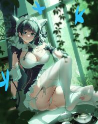 Rule 34 | 1girl, :3, absurdres, animal ears, apron, aqua eyes, azur lane, blue butterfly, blue hair, breasts, bug, butterfly, cheshire (azur lane), chinese commentary, cleavage, detached sleeves, earrings, fake animal ears, foot out of frame, frilled hairband, frills, garter straps, hairband, hand on own chest, highres, indoors, insect, jewelry, large breasts, long ribbon, looking at viewer, maid headdress, multicolored hair, panties, pantyshot, puffy detached sleeves, puffy sleeves, purple apron, purple hair, see-through, solo, streaked hair, tea set, thighhighs, two-tone hair, underwear, white garter straps, white panties, white thighhighs, wrist cuffs, yijiufantexi