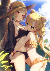 Rule 34 | 2girls, absurdres, ass, bare arms, bare shoulders, bikini, black bikini, blonde hair, blue sky, bow, breasts, busou kanojo, cleavage, cloud, day, double bun, eating, food, frilled bikini, frills, green eyes, green hair, hair bow, hair bun, hat, highres, indie virtual youtuber, long hair, looking at viewer, low twintails, mafuyu anzu, medium breasts, multicolored hair, multiple girls, namako (namacotan), outdoors, pink bow, pink hair, popsicle, red eyes, sky, small breasts, standing, streaked hair, summer, sun hat, swimsuit, tsugumi suzuma (vtuber), twintails, very long hair, virtual youtuber, wrist cuffs, yellow bikini