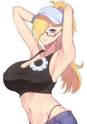 Rule 34 | 1girl, armpits, arms behind head, band-width, black tank top, blonde hair, blue eyes, blue shorts, breasts, commission, glasses, hat, highres, large breasts, long hair, panty straps, semi-rimless eyewear, shorts, smile, solo, tank top