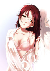 Rule 34 | 1girl, absurdres, blush, bra, breasts, cleavage, collarbone, collared shirt, dress shirt, half-closed eyes, highres, kougi hiroshi, long hair, looking at viewer, love live!, love live! sunshine!!, medium breasts, off shoulder, open clothes, open mouth, open shirt, pink bra, red hair, sakurauchi riko, shirt, solo, straight hair, underwear, upper body, white background, white shirt, wing collar, yellow eyes