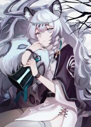 Rule 34 | 1girl, absurdres, animal ear fluff, animal ears, arknights, bell, belt, black belt, black cape, bracelet, branch, bright pupils, cape, chinese commentary, closed mouth, commentary, cowboy shot, dress, expressionless, grey eyes, grey hair, grey thighhighs, guoshixing, highres, hip vent, holding, holding bell, hugging own tail, hugging tail, jewelry, kjerag logo, leopard ears, leopard tail, long hair, looking at viewer, pramanix (arknights), solo, tail, thighhighs, tiara, very long hair, white dress, white pupils