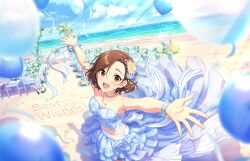 Rule 34 | 1girl, balloon, beach, breasts, brown eyes, brown hair, chair, cleavage, cloud, corset, english text, flower, game cg, hair ornament, idolmaster, idolmaster cinderella girls, idolmaster cinderella girls starlight stage, jewelry, mizuki seira, navel, necklace, official art, open mouth, outstretched arms, sand, skirt, solo, water