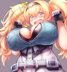 Rule 34 | 1girl, blonde hair, blue eyes, blue shirt, blush, breast pocket, breasts, bursting breasts, cleavage cutout, clothing cutout, collared shirt, gambier bay (kancolle), gloves, hair between eyes, hairband, kantai collection, large breasts, mogera81, motion blur, multicolored clothes, multicolored gloves, open mouth, pocket, popped button, shirt, solo, twintails