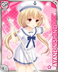 Rule 34 | 1girl, :o, blonde hair, blue bow, bow, broom, card, character name, dress, girlfriend (kari), hat, long hair, military, military uniform, naval uniform, nishino ayane, official art, open mouth, pink background, qp:flapper, red eyes, solo, twintails, uniform, white dress