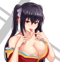 Rule 34 | 1girl, azur lane, bare shoulders, black hair, blush, breasts, cleavage, collarbone, drooling, hair between eyes, hair ribbon, japanese clothes, kimono, large breasts, long hair, looking at viewer, moppo, red eyes, red kimono, ribbon, saliva, solo, taihou (azur lane), tongue, tongue out, twintails, upper body