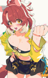Rule 34 | 1girl, absurdres, alternate costume, animal ears, belt, breasts, brown hair, clenched hand, clenched hands, collarbone, commentary request, cosplay, crop top, dantsu flame (umamusume), hair ornament, headband, highres, horse ears, horse girl, horse tail, jacket, jungle pocket (umamusume), large breasts, looking at viewer, midriff, navel, sarcophage, solo, tail, umamusume, yellow eyes