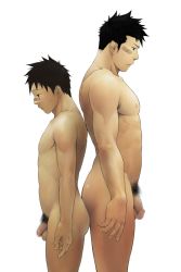 Rule 34 | 2boys, abs, back-to-back, bandaid, black hair, censored, flaccid, itto (mentaiko), looking down, multiple boys, muscular, penis, size difference, testicles, yaoi