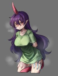 Rule 34 | 1girl, absurdres, arms behind back, breasts, cileuhsa, clothes writing, collarbone, condom, cowboy shot, cropped legs, green shirt, grey background, highres, horns, large breasts, long hair, open mouth, pointy ears, purple hair, red eyes, red horns, shirt, short sleeves, simple background, solo, tail, tenkajin chiyari, touhou, unfinished dream of all living ghost, used condom