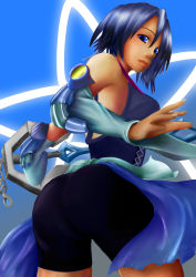 Rule 34 | 1girl, absurdres, aqua (kingdom hearts), artist request, ass, bare shoulders, bike shorts, blue eyes, blue hair, breasts, detached sleeves, from behind, highres, keyblade, kingdom hearts, looking at viewer, looking back, short hair, showgirl skirt, sideboob, solo