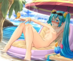 Rule 34 | 1girl, aqua eyes, aqua hair, arm up, armpits, blush, bracelet, breasts, bug, butterfly, cloud, day, eyewear on head, flower, full-face blush, glasses, hair flower, hair ornament, hatsune miku, highres, insect, jewelry, kitsunerider, lens flare, long hair, nipples, nose blush, nude, ocean, pussy, reclining, sky, small breasts, soaking feet, solo, sunglasses, twintails, uncensored, very long hair, vocaloid, water