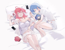 Rule 34 | 2girls, aya02ka, blue hair, breasts, bridal garter, camisole, character doll, closed eyes, commentary request, drooling, feet out of frame, highres, hololive, hoshimachi suisei, long hair, lying, medium breasts, mouth drool, multiple girls, on back, on bed, pillow, pink hair, sakura miko, shirt, short hair, shorts, sleeping, sleepwear, thigh strap, virtual youtuber, white camisole, white shirt, white shorts