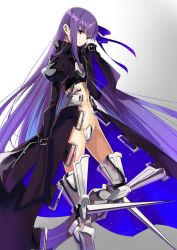 Rule 34 | 1girl, armored boots, ayanon, black jacket, blue eyes, blue ribbon, blush, boots, breasts, closed mouth, cropped jacket, crotch plate, fate/extra, fate/extra ccc, fate (series), gradient background, grey background, hair ribbon, highres, jacket, long hair, long sleeves, looking at viewer, meltryllis (fate), navel, prosthesis, prosthetic leg, purple hair, ribbon, sleeves past fingers, sleeves past wrists, small breasts, smile, very long hair
