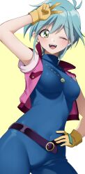 Rule 34 | 1girl, allenby beardsley, belt, blue hair, bodysuit, breasts, campbell xx, g gundam, gloves, green eyes, gundam, highres, jewelry, large breasts, looking at viewer, one eye closed, open mouth, pink vest, short hair, skin tight, smile, solo, vest