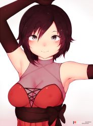 Rule 34 | 1girl, armpits, black bow, black gloves, black hair, bluefield, bow, breasts, cleavage, covered erect nipples, dress, elbow gloves, gloves, grey eyes, highres, looking at viewer, medium breasts, patreon username, red dress, ruby rose, rwby, see-through, see-through cleavage, short hair, solo, twitter username, upper body