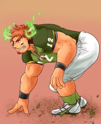 Rule 34 | 1boy, american football uniform, animal ears, ass, bara, brown hair, cow boy, cow ears, dark skin, dark-skinned male, facial hair, feather necklace, fiery horns, forked eyebrows, from side, full body, glowing horns, goatee, green shirt, highres, horns, looking to the side, male focus, minatsumi, muscular, muscular male, pectorals, shirt, short hair, shorts, solo, sportswear, squatting, thick eyebrows, tight clothes, tight shirt, tokyo houkago summoners, wakan tanka, white shorts