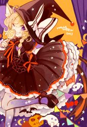 Rule 34 | 1girl, animal ears, azuma aya, bat (animal), blonde hair, bow, candy, cat ears, ghost, grin, halloween, hat, hat bow, kirisame marisa, mary janes, one eye closed, purple eyes, sash, shoes, smile, solo, touhou, witch hat