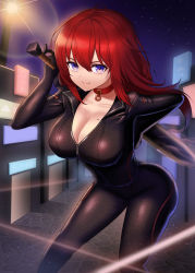 Rule 34 | 1girl, absurdres, biker clothes, bikesuit, blade, bodysuit, breasts, cleavage, collar, guardian tales, highres, lamppost, large breasts, leaping (fle8410), long hair, looking at viewer, mole, mole on breast, movie star eugene, night, night sky, purple eyes, red hair, sky, smile, solo, weapon