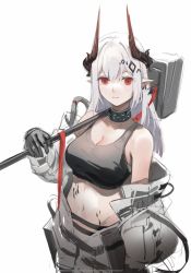 Rule 34 | 1girl, arknights, bare shoulders, breasts, cleavage, commentary, cowboy shot, crop top, hammer, highres, holding, holding hammer, holding weapon, horns, large breasts, long hair, looking at viewer, midriff, mudrock (arknights), navel, pointy ears, red eyes, silver hair, simple background, solo, sports bra, standing, stomach, weapon, white background, yinghuahua