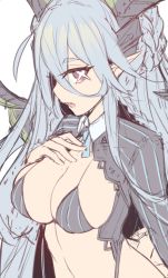 Rule 34 | + +, 1girl, blue hair, braid, breasts, fang, fate/grand order, fate (series), hand on own breast, hand on own chest, horns, large breasts, long hair, long sleeves, looking at viewer, mou tama maru, open mouth, pointy ears, red eyes, simple background, skindentation, solo, symbol-only commentary, symbol-shaped pupils, tiamat (fate), upper body, white background, x-shaped pupils