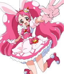 Rule 34 | 10s, 1girl, :d, animal ears, boots, bow, cake hair ornament, choker, corset, cure whip, earrings, extra ears, food, food-themed hair ornament, food-themed ornament, fruit, full body, gloves, hair ornament, hairband, jaggy lines, jewelry, kirakira precure a la mode, knee boots, long hair, looking at viewer, magical girl, open mouth, pink bow, pink footwear, pink hair, pom pom (clothes), pom pom earrings, precure, puffy sleeves, rabbit ears, red eyes, simple background, skirt, smile, solo, strawberry, twintails, uraki, usami ichika, v, white background, white gloves, white skirt