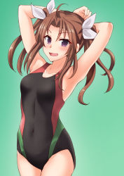 Rule 34 | 1girl, ahoge, alternate costume, anti (untea9), arm behind head, black one-piece swimsuit, brown hair, collarbone, commentary request, competition swimsuit, covered navel, cowboy shot, flat chest, gradient background, green background, hair ribbon, highres, kagerou (kancolle), kagerou kai ni (kancolle), kantai collection, long hair, looking at viewer, one-piece swimsuit, open mouth, purple eyes, ribbon, solo, swimsuit, twintails, twitter username, white ribbon