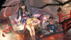 Rule 34 | absurdres, animal ears, bare legs, black hair, blonde hair, blue eyes, bn-227@pft, closed mouth, highres, japanese clothes, kimono, long hair, looking at viewer, lying, on side, one eye closed, original, sitting, umbrella, white kimono, yellow eyes
