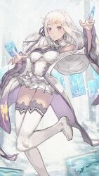 1girl bare_shoulders boots braid breasts card crown_braid cryokinesis dress emilia_(re:zero) flower full_body gem green_gemstone hair_flower hair_ornament hair_ribbon highres holding holding_card jjfsantos long_hair looking_at_viewer medium_breasts purple_eyes purple_ribbon re:zero_kara_hajimeru_isekai_seikatsu ribbon rose signature snow solo thigh_boots thighs white_flower white_hair white_rose wide_sleeves x_hair_ornament