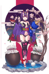 Rule 34 | 1girl, absurdres, ankle ribbon, blush, bowl, breasts, cherry blossoms, cleavage, fate/grand order, fate (series), full body, highres, holding, holding bowl, horns, leg ribbon, looking at viewer, medium breasts, navel, open mouth, purple eyes, purple hair, reflector178, ribbon, short hair, shuten douji (fate), smile, solo, standing, thick eyebrows, water