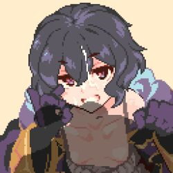 Rule 34 | 1boy, 1girl, animated, animated gif, black hair, breasts, cleavage, cum, ejaculation, facial, fire emblem, fire emblem awakening, handjob, licking testicle, looking at viewer, looping animation, momiahair, morgan (female) (fire emblem), morgan (fire emblem), nintendo, pixel art, pov, purple eyes, short hair, simple background, small breasts, testicles, yellow background