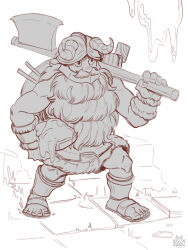 Rule 34 | 1boy, absurdres, axe, beard, carrying, carrying under arm, dungeon, dungeon meshi, dwarf, facial hair, fake horns, full body, gaozme, greyscale, helmet, highres, holding, holding axe, horned helmet, horns, legs apart, long beard, looking ahead, male focus, monochrome, mustache, over shoulder, senshi (dungeon meshi), slime (substance), solo, standing, thick mustache, unfinished, very long beard, weapon, weapon over shoulder