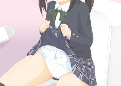 Rule 34 | 1girl, black hair, black jacket, black skirt, blazer, blue panties, bow, bow panties, closed mouth, clothes lift, collared shirt, dress shirt, green bow, hands up, head out of frame, highres, indoors, jacket, lifted by self, long hair, long sleeves, original, panties, plaid, plaid bow, plaid panties, plaid skirt, pleated skirt, ri-net, school uniform, shirt, sitting, skirt, skirt lift, solo, toilet, twintails, underwear, white panties, white shirt