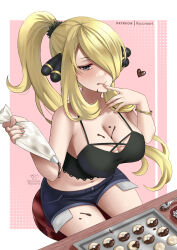 Rule 34 | 1girl, baking, black camisole, blonde hair, border, bracelet, breasts, camisole, chocolate, chocolate on body, chocolate on breasts, chocolate on face, chocolate syrup, cleavage, cookie, creatures (company), crop top, cynthia (pokemon), denim, denim shorts, food, food on body, food on face, game freak, gold bracelet, grey eyes, hair ornament, hair over one eye, heart, high ponytail, highres, jewelry, large breasts, licking lips, long hair, navel, nintendo, pokemon, pokemon dppt, ryuuneart, short shorts, shorts, sidelocks, sitting, solo, spoon, stool, tongue, tongue out, tray, valentine, white border